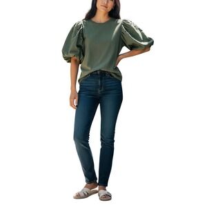 Free Assembly Olive Green Puff Sleeve Eyelet Blouse Cottagecore Romantic Top S